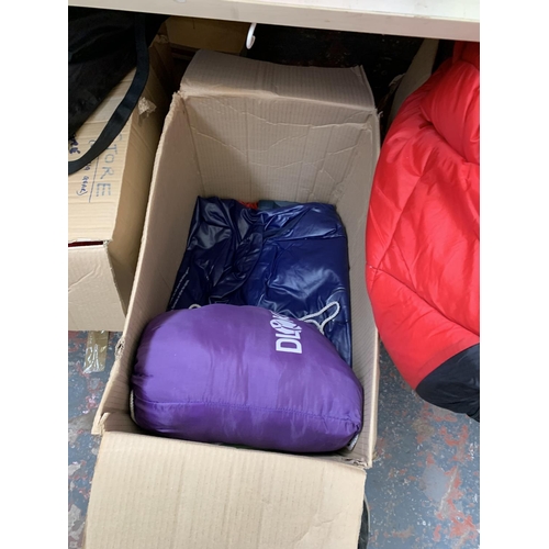 1523 - Four boxes containing sleeping bags, cool box, aluminium cups, airbed with pump etc.