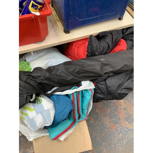 1523 - Four boxes containing sleeping bags, cool box, aluminium cups, airbed with pump etc.