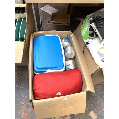 1523 - Four boxes containing sleeping bags, cool box, aluminium cups, airbed with pump etc.