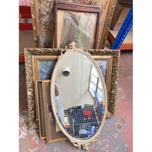 1426 - A collection of various picture and mirrors to include a French style white framed bevelled edge wal... 