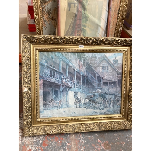 1426 - A collection of various picture and mirrors to include a French style white framed bevelled edge wal... 