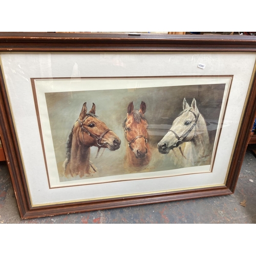 1429 - Two items, one framed S.L Crawford print of Desert Orchid, Red Rum and Arkle and one rectangular pin... 