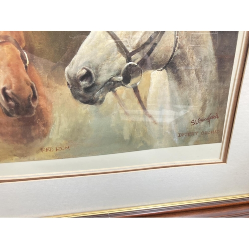 1429 - Two items, one framed S.L Crawford print of Desert Orchid, Red Rum and Arkle and one rectangular pin... 