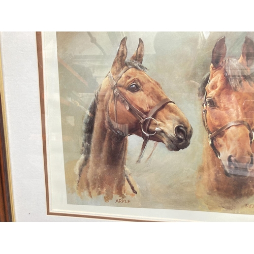 1429 - Two items, one framed S.L Crawford print of Desert Orchid, Red Rum and Arkle and one rectangular pin... 