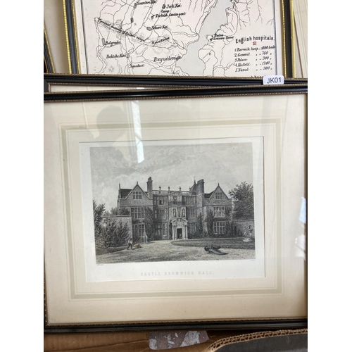 1431 - Two boxes containing various pictures and frames to include Castle Bromwich Hall print, Trentham Hal... 