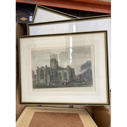 1431 - Two boxes containing various pictures and frames to include Castle Bromwich Hall print, Trentham Hal... 