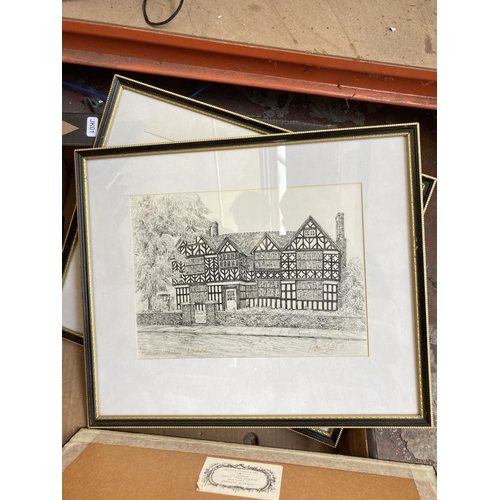 1431 - Two boxes containing various pictures and frames to include Castle Bromwich Hall print, Trentham Hal... 