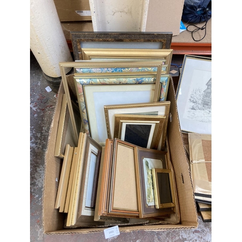 1431 - Two boxes containing various pictures and frames to include Castle Bromwich Hall print, Trentham Hal... 