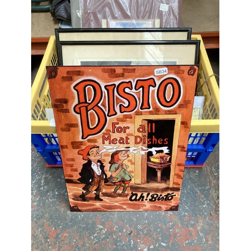 1433 - A box containing various items to include reproduction Bisto Enamel sign, Blackpool tower souvenir p... 