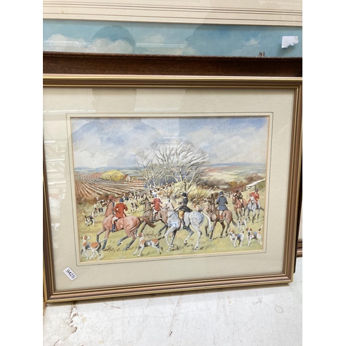 1439 - Five various pictures, two framed 20th century watercolours depicting Cheshire Hunt scenes, one furt... 