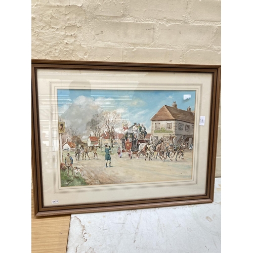 1439 - Five various pictures, two framed 20th century watercolours depicting Cheshire Hunt scenes, one furt... 