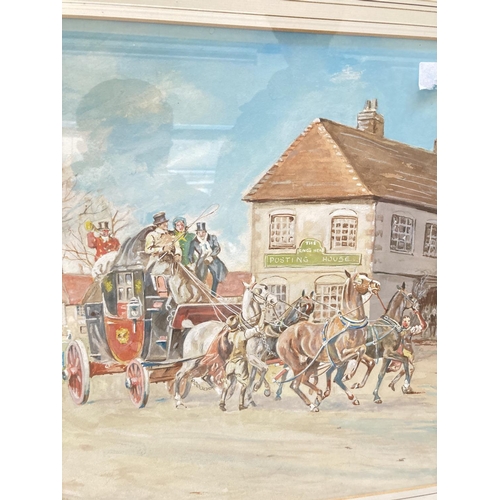 1439 - Five various pictures, two framed 20th century watercolours depicting Cheshire Hunt scenes, one furt... 