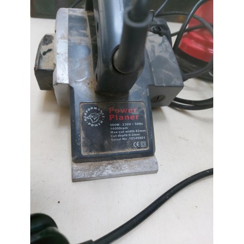 1323 - Six electric power tools, one blue Bosch PBS75 belt sander, one boxed Powercraft 420w orbital sander... 