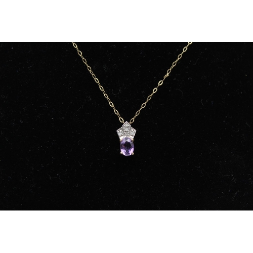 117 - A 9ct gold amethyst and diamond detail pendant 40cm necklace - approx. gross weight 1.3 grams