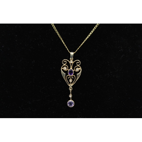118 - A 9ct gold Art Nouveau style amethyst and seed pearl drop pendant 46cm necklace - approx. gross weig... 