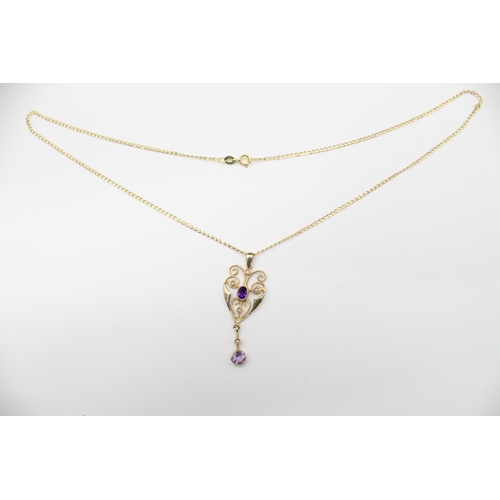 118 - A 9ct gold Art Nouveau style amethyst and seed pearl drop pendant 46cm necklace - approx. gross weig... 