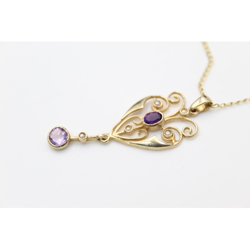 118 - A 9ct gold Art Nouveau style amethyst and seed pearl drop pendant 46cm necklace - approx. gross weig... 