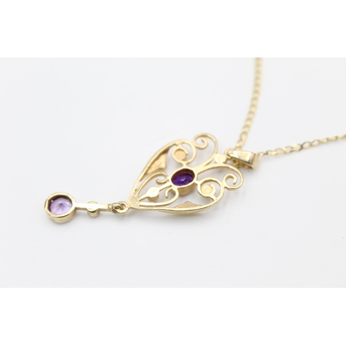 118 - A 9ct gold Art Nouveau style amethyst and seed pearl drop pendant 46cm necklace - approx. gross weig... 