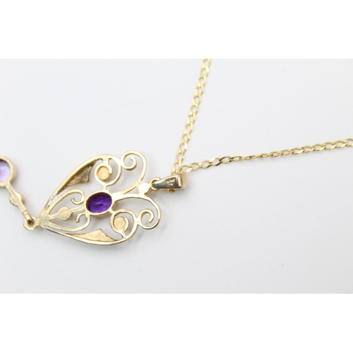 118 - A 9ct gold Art Nouveau style amethyst and seed pearl drop pendant 46cm necklace - approx. gross weig... 
