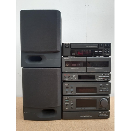 1023 - Five items of Sony stereo hi-fi equipment, one pair of SS-H3700 speakers, one CDP-S207 CD player, on... 