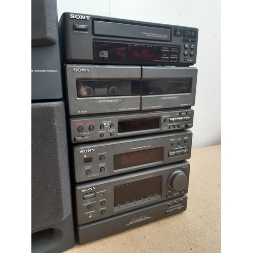 1023 - Five items of Sony stereo hi-fi equipment, one pair of SS-H3700 speakers, one CDP-S207 CD player, on... 