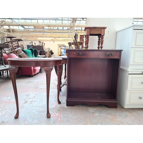 1090 - Three items, one mahogany half moon console table on cabriole supports, one inlaid mahogany free sta... 