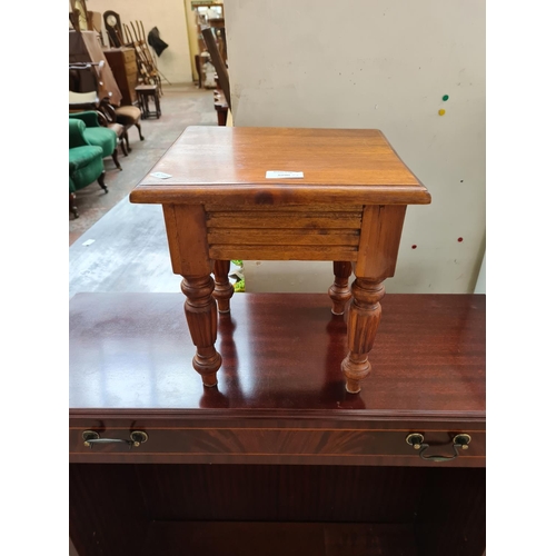 1090 - Three items, one mahogany half moon console table on cabriole supports, one inlaid mahogany free sta... 