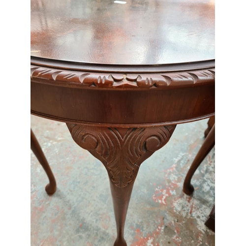 1090 - Three items, one mahogany half moon console table on cabriole supports, one inlaid mahogany free sta... 