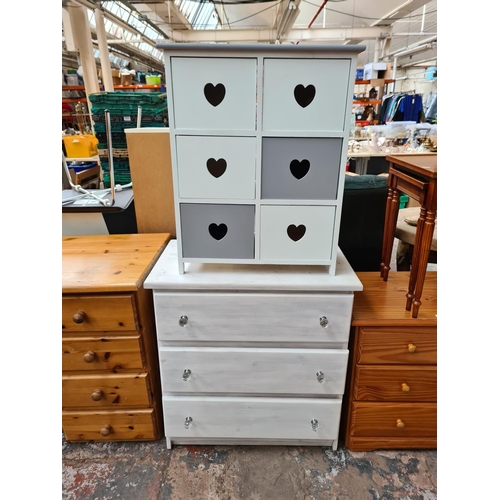 1112 - Two items, one white painted pine chest of three drawers and one white & grey painted chest of six d... 