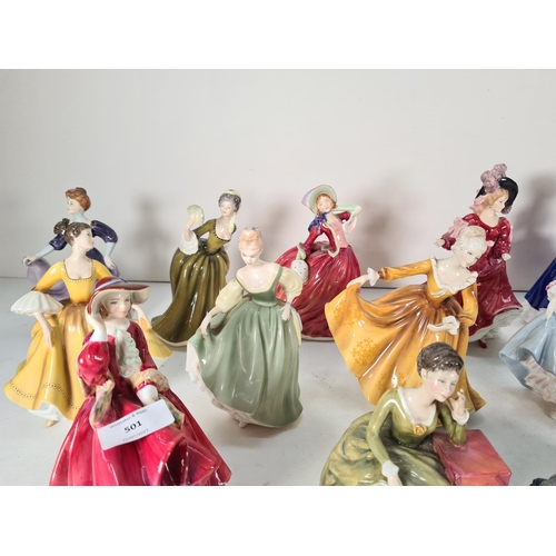 501 - Fifteen Royal Doulton figurines to include Mary, Tuppence A Bag, Jacqueline, Angela etc.