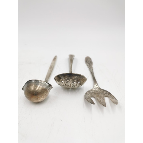 387 - Three pieces of hallmarked sterling silver, Sheffield silver tea strainer by Thomas Bradbury & Sons ... 