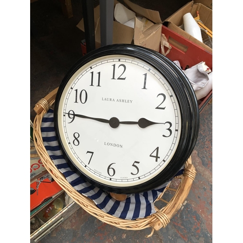 1595 - Four boxes and one wicker basket containing Anglepoise style lamp, Laura Ashley wall clock, vintage ... 