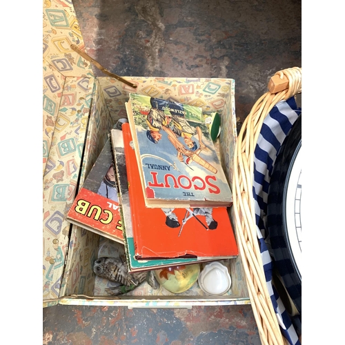 1595 - Four boxes and one wicker basket containing Anglepoise style lamp, Laura Ashley wall clock, vintage ... 