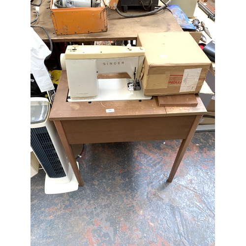 1598 - A mixed lot to include vintage Singer sewing machine table, electrical items, table lamps etc.