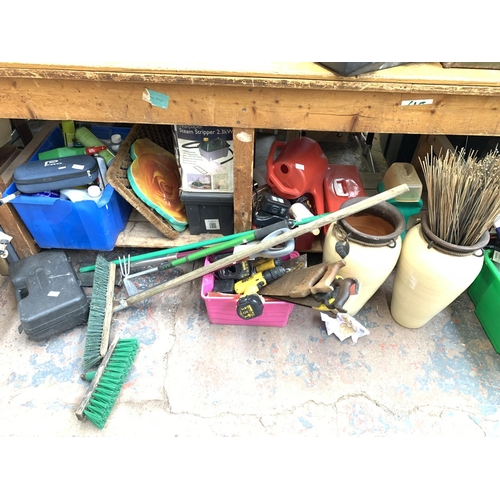 1601 - A large mixed lot to include a Dewalt DW907 12V cordless drill with battery & charger, glazed terrac... 