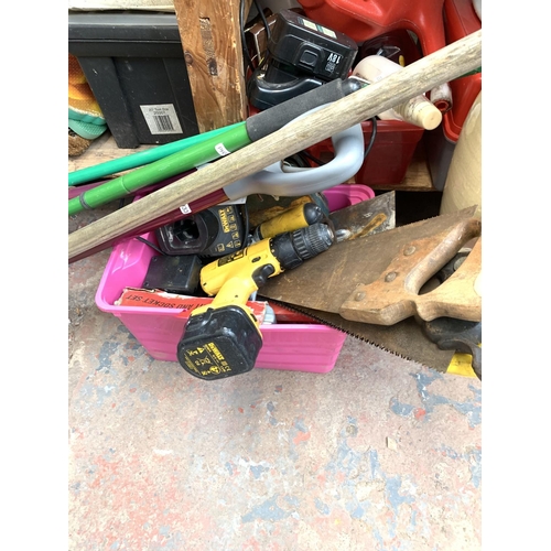 1601 - A large mixed lot to include a Dewalt DW907 12V cordless drill with battery & charger, glazed terrac... 