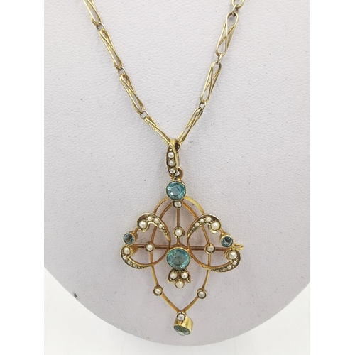 253 - An Edwardian 9ct gold aquamarine and seed pearl pendant necklace - approx. gross weight 6.88 grams