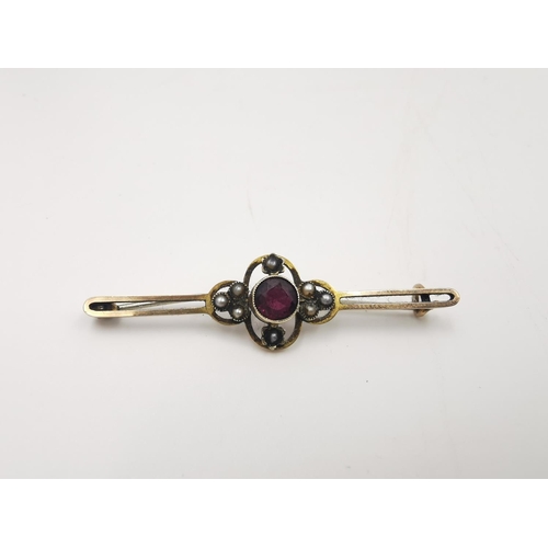 255 - Six various antique pin brooches to include sterling silver with seed pearls and ruby paste gemstone... 