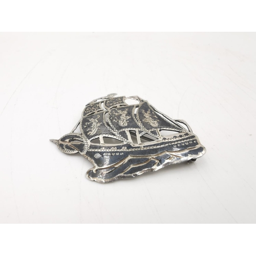 257 - Five various sterling silver pin brooches, Siam sterling sailing ship, 1950s Erik Thimann of Denmark... 