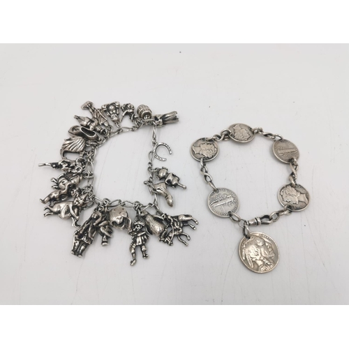 268 - Two bracelets, one white metal charm bracelet with various charms - approx. gross weight 95 grams an... 