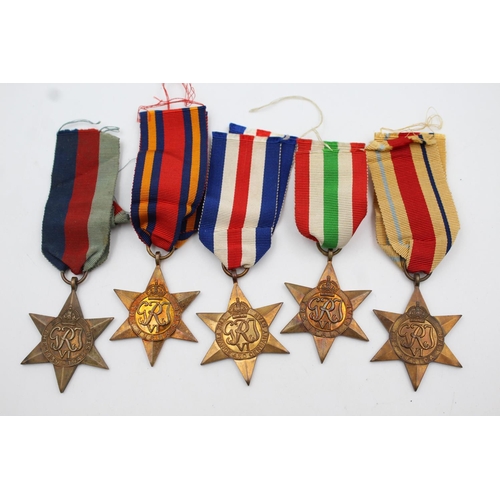 363 - Five WWII Stars with original ribbons to include Burma, France, Germany and Africa