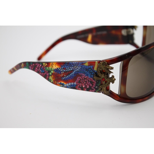 443 - A pair of Ed Hardy tortoiseshell effect oversize ladies sunglasses with case