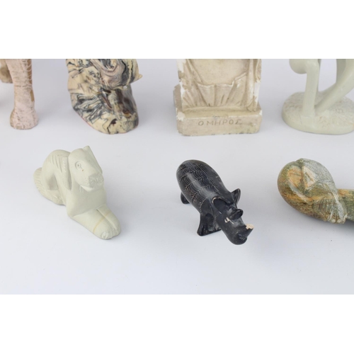 510 - A collection of assorted polished stone and gemstone figurines to include soapstone, alabaster etc.