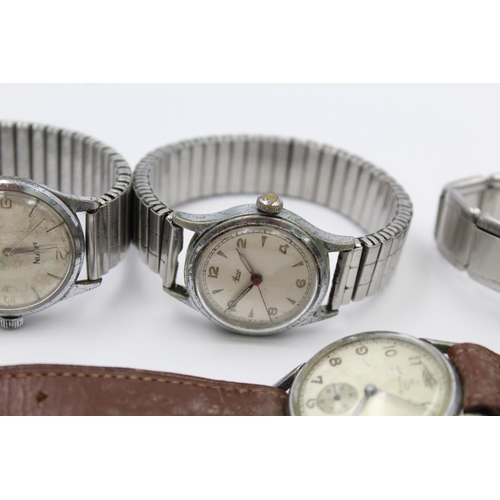 146 - Five assorted vintage military style gents hand wind wristwatches to include Record, Avia etc.