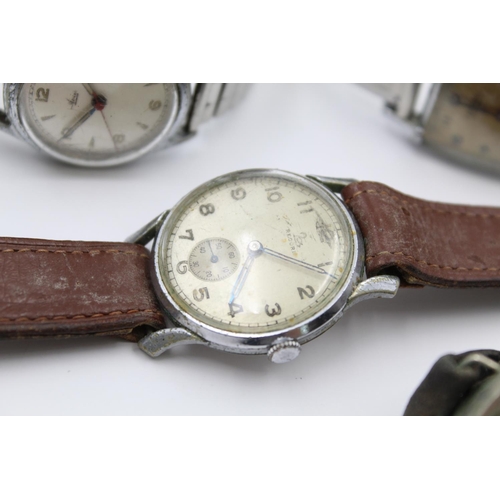 146 - Five assorted vintage military style gents hand wind wristwatches to include Record, Avia etc.