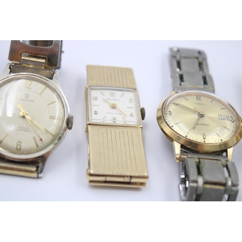 147 - Five assorted vintage gold tone gents wristwatches to include Hawthorne money clip watch, Avia Cadet... 