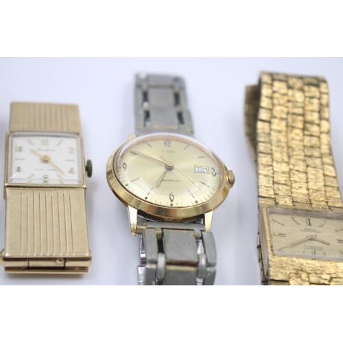 147 - Five assorted vintage gold tone gents wristwatches to include Hawthorne money clip watch, Avia Cadet... 