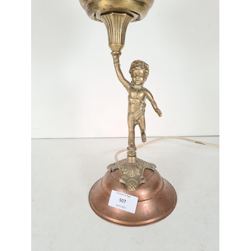 507 - A vintage brass & copper figural table lamp with milk glass shade - approx. 56cm high