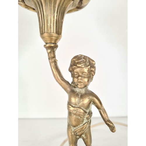 507 - A vintage brass & copper figural table lamp with milk glass shade - approx. 56cm high