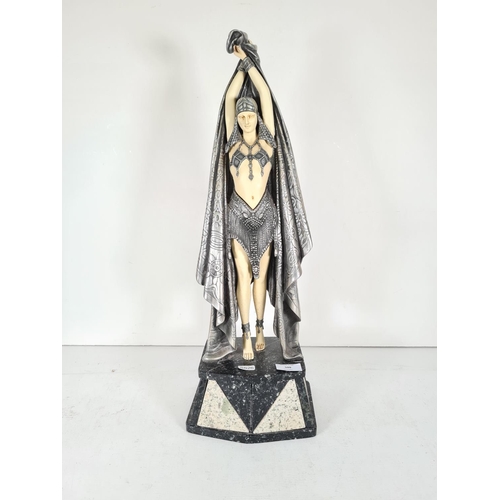 509 - An Art Deco style resin female figurine with pewter finish cloak on marble base - approx. 57cm high